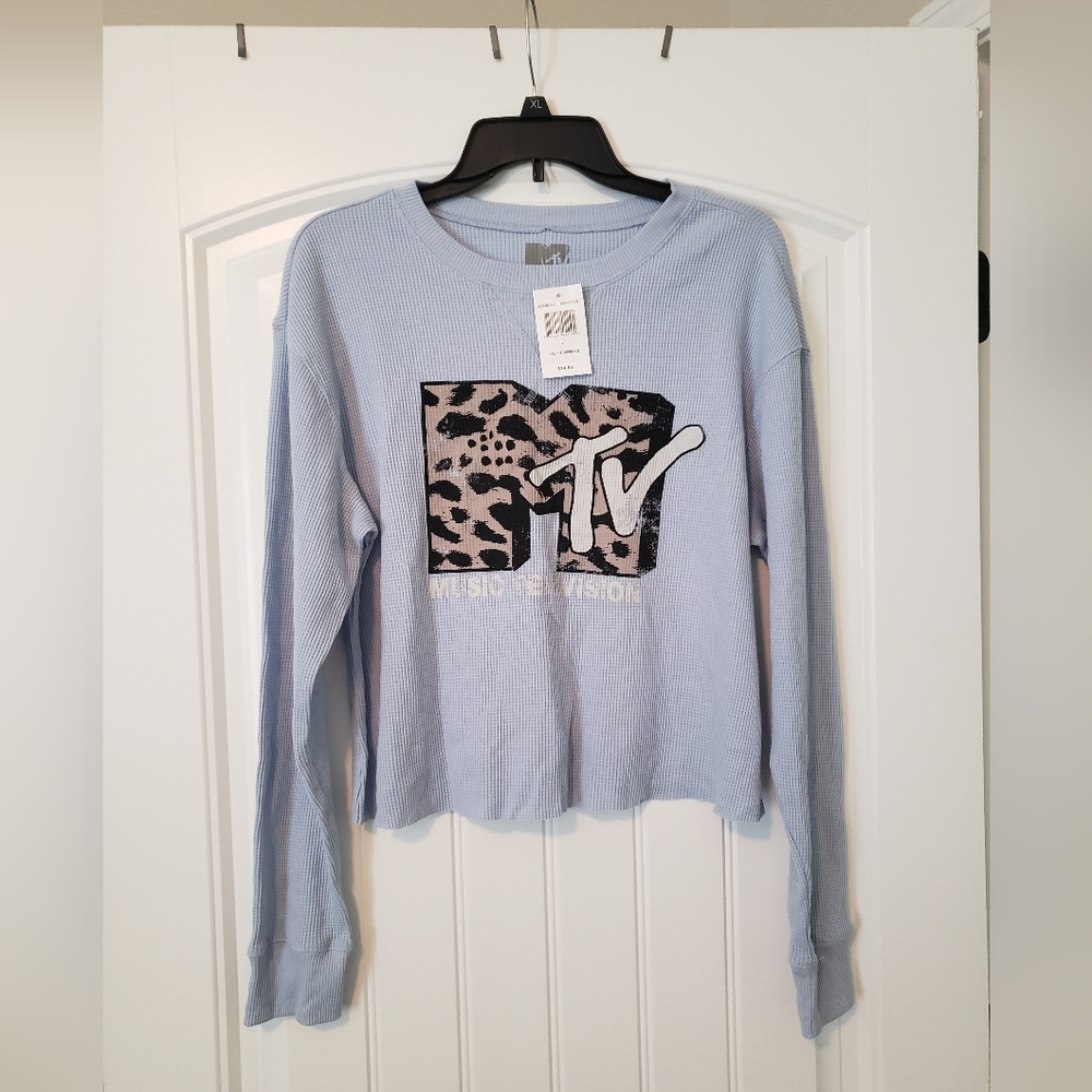 MTV Light Blue & Animal Print Thermal Tee L/S Women's Large NEW